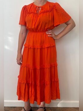 NWT - Tiered Ruffle Midi Dress in Bright Orange